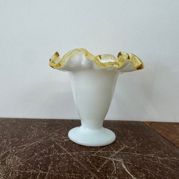 Fenton Yellow Crest Art Glass Vase Ruffled Top Pedestal Base Milk Glass - Picture 3 of 7